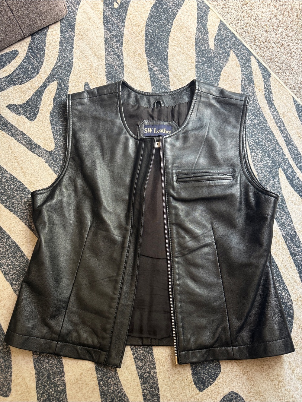Vintage SW Leather Black 100% Real Leather Moto Vest Size L Y2K